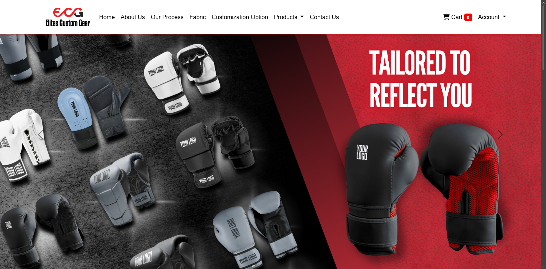 Elites Custom Gear martial arts equipment ecommerce website interface