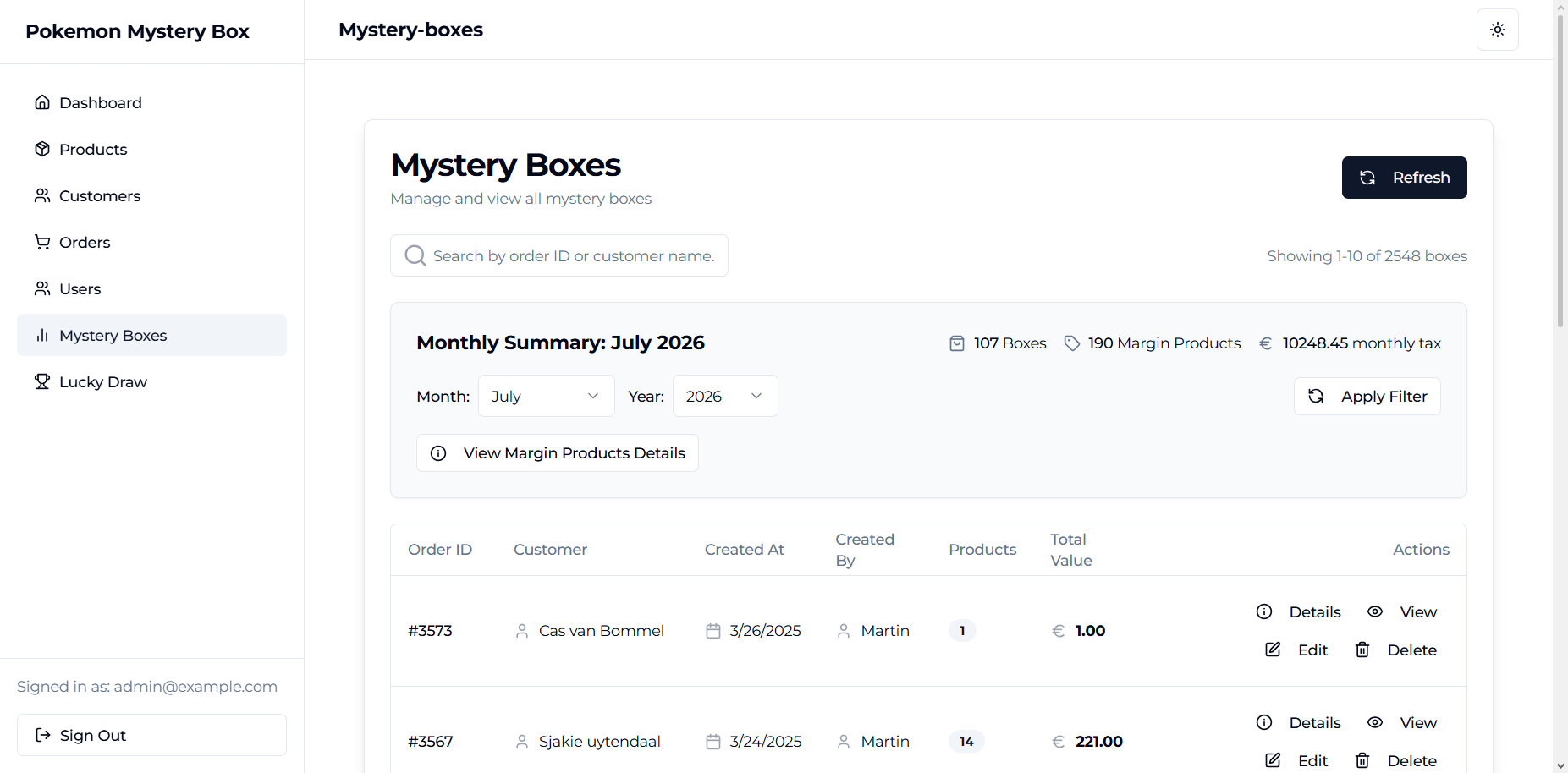 TCG Mystery Box operations and inventory management platform interface
