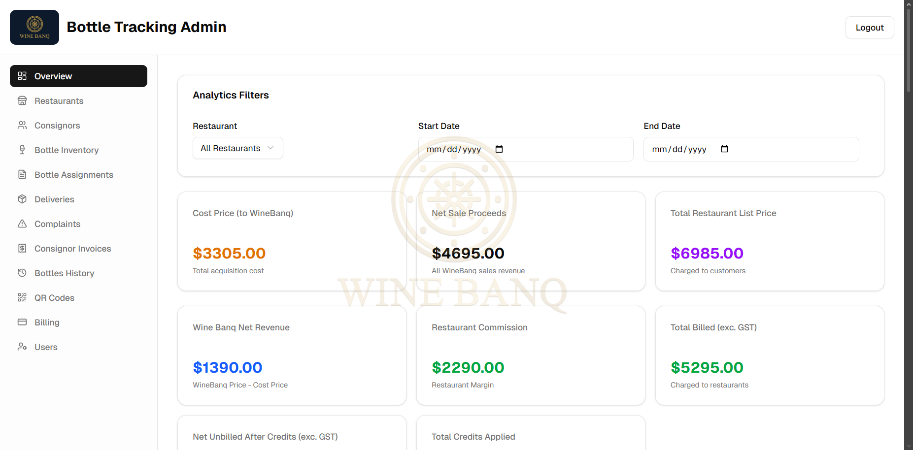 Wine Banq consignment wine management and automated billing platform interface